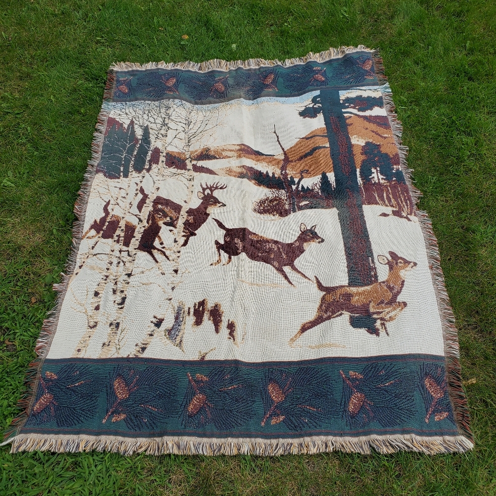 Vintage 90s Coming Home Winter Deer Tapestry Throw Blanket